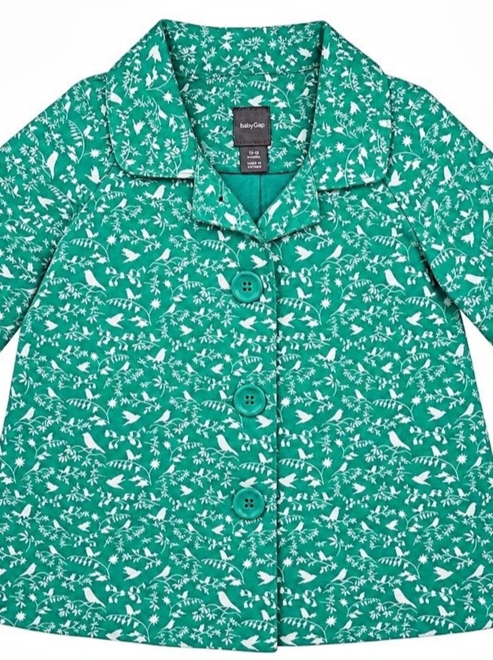 BabyGap Girls Green Bird Print Button Coat 6–12 Months